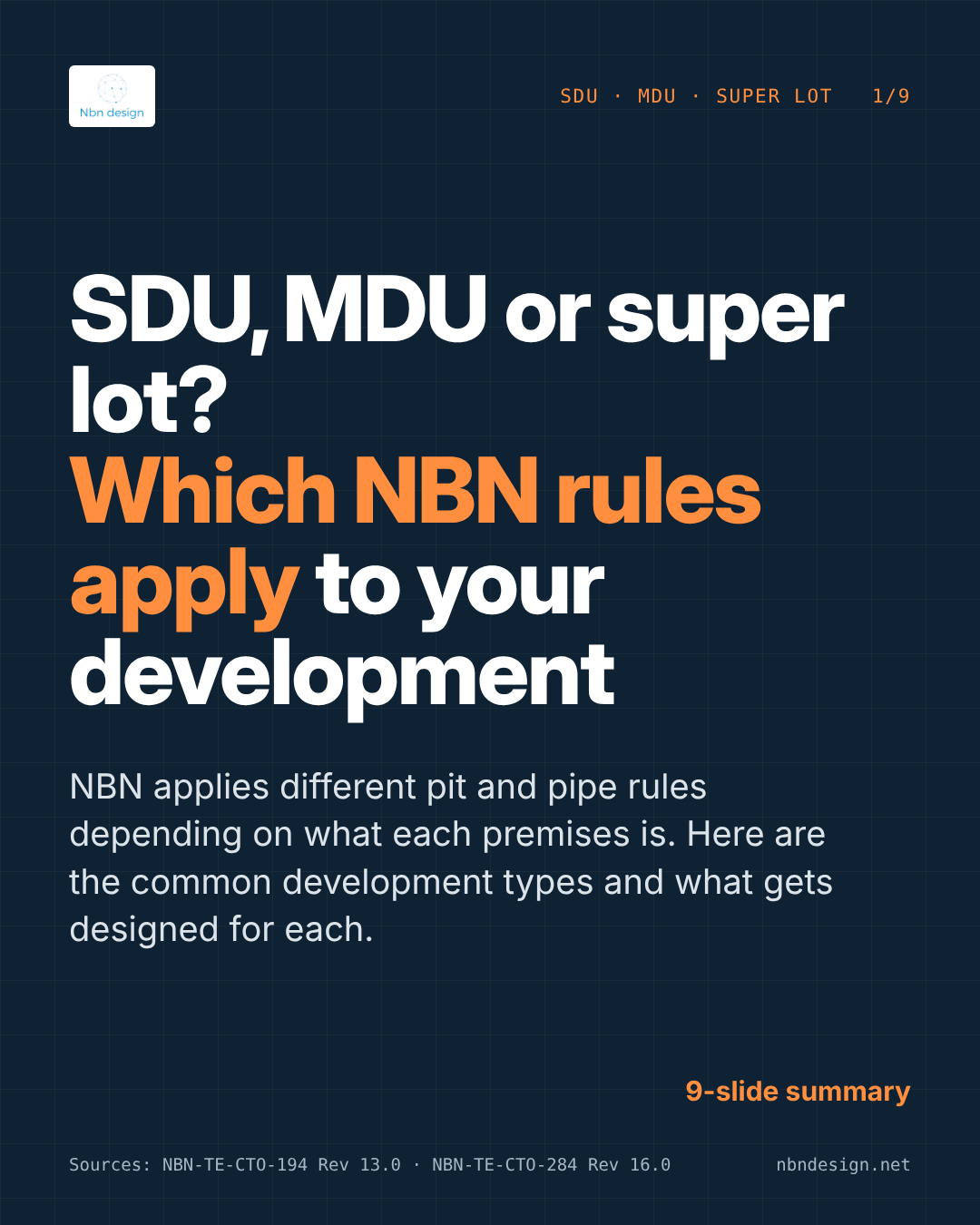 Cover slide: SDU, MDU or super lot? Which NBN rules apply to your development. Nine-slide summary from NBN Design.